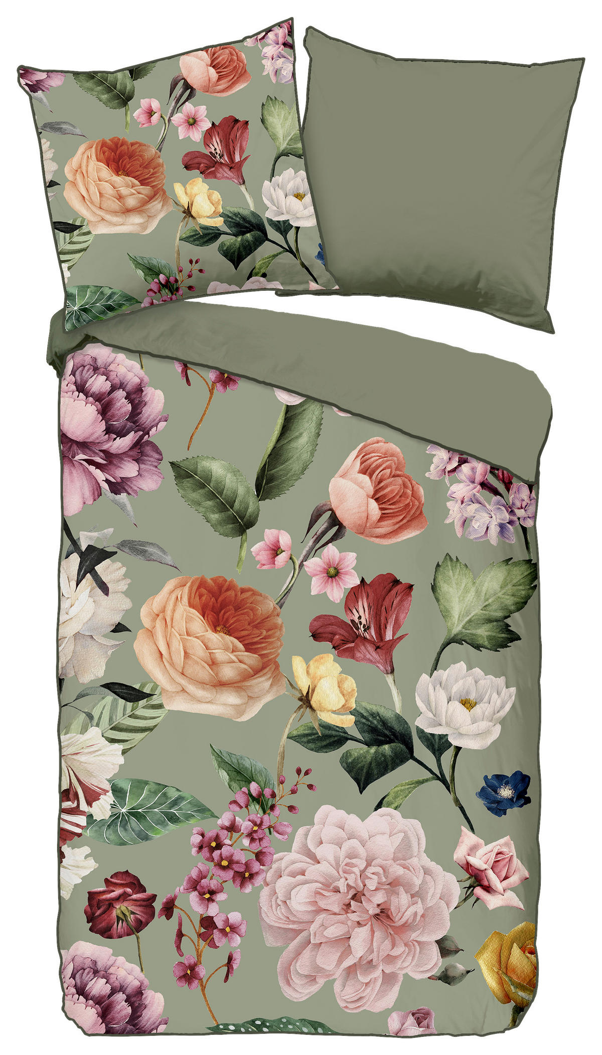 Baumwoll Bettwäsche Fiori Satin Fiori - grün (155,00/220,00cm) - Descanso