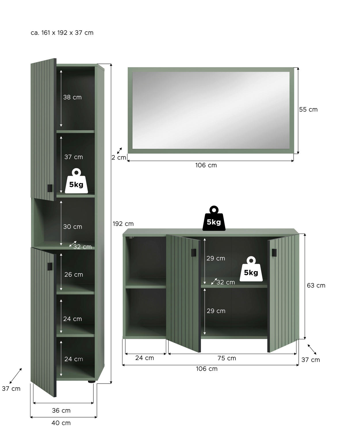Garderobenset STATION grün B/H/T: ca. 161x192x37 cm STATION - grün (161,00/192,00/37,00cm) - xonox.home