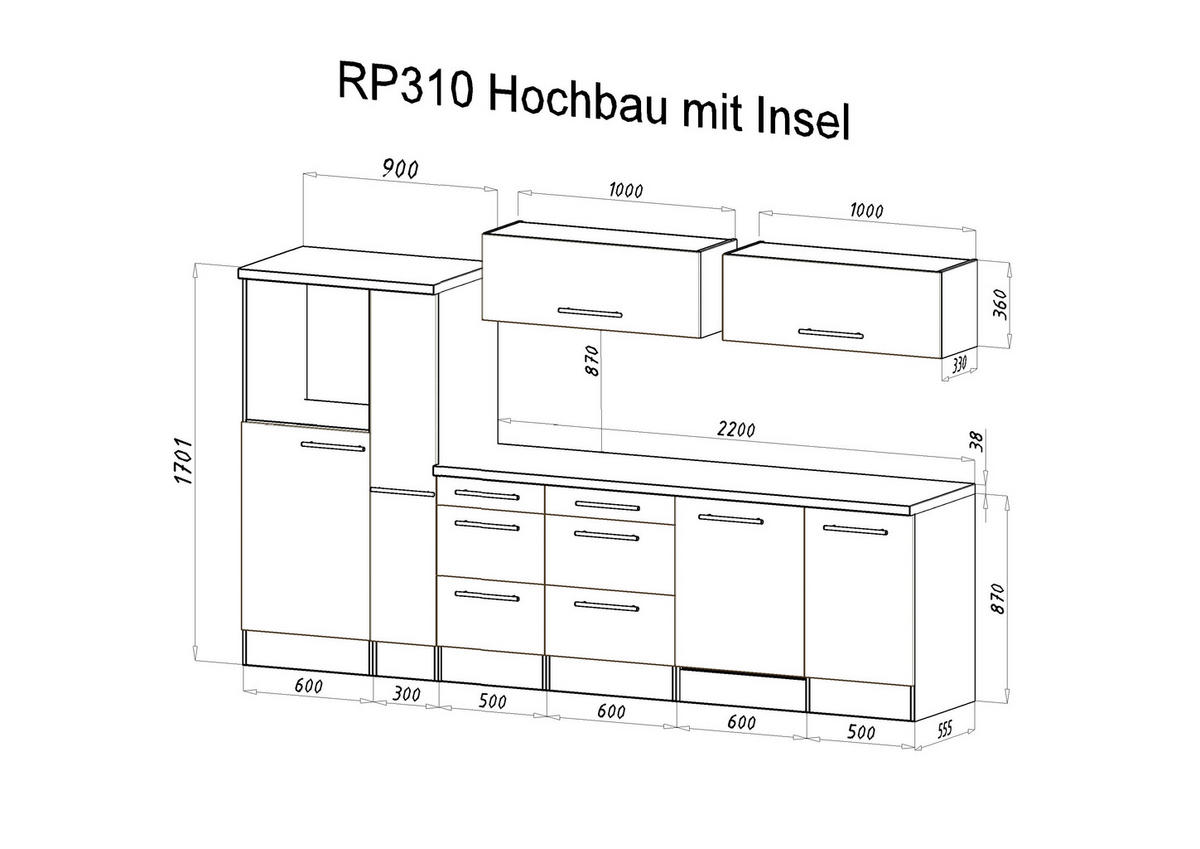 Respekta Inselküche Premium schwarz hochglänzend B/H/T: ca. 310x200x60 cm Premium - Eiche/schwarz (310,00/200,00/60,00cm) - Respekta