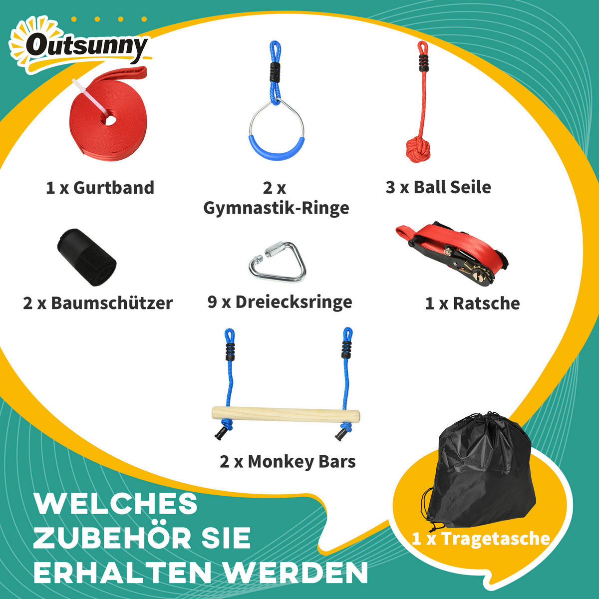 Outsunny Outdoor-Spielzeug schwarz Kunststoff B/H/L: ca. 40x1000x100 cm Ninja_Slackline-Set - blau/rot (100,00/40,00/1000,00cm) - Outsunny