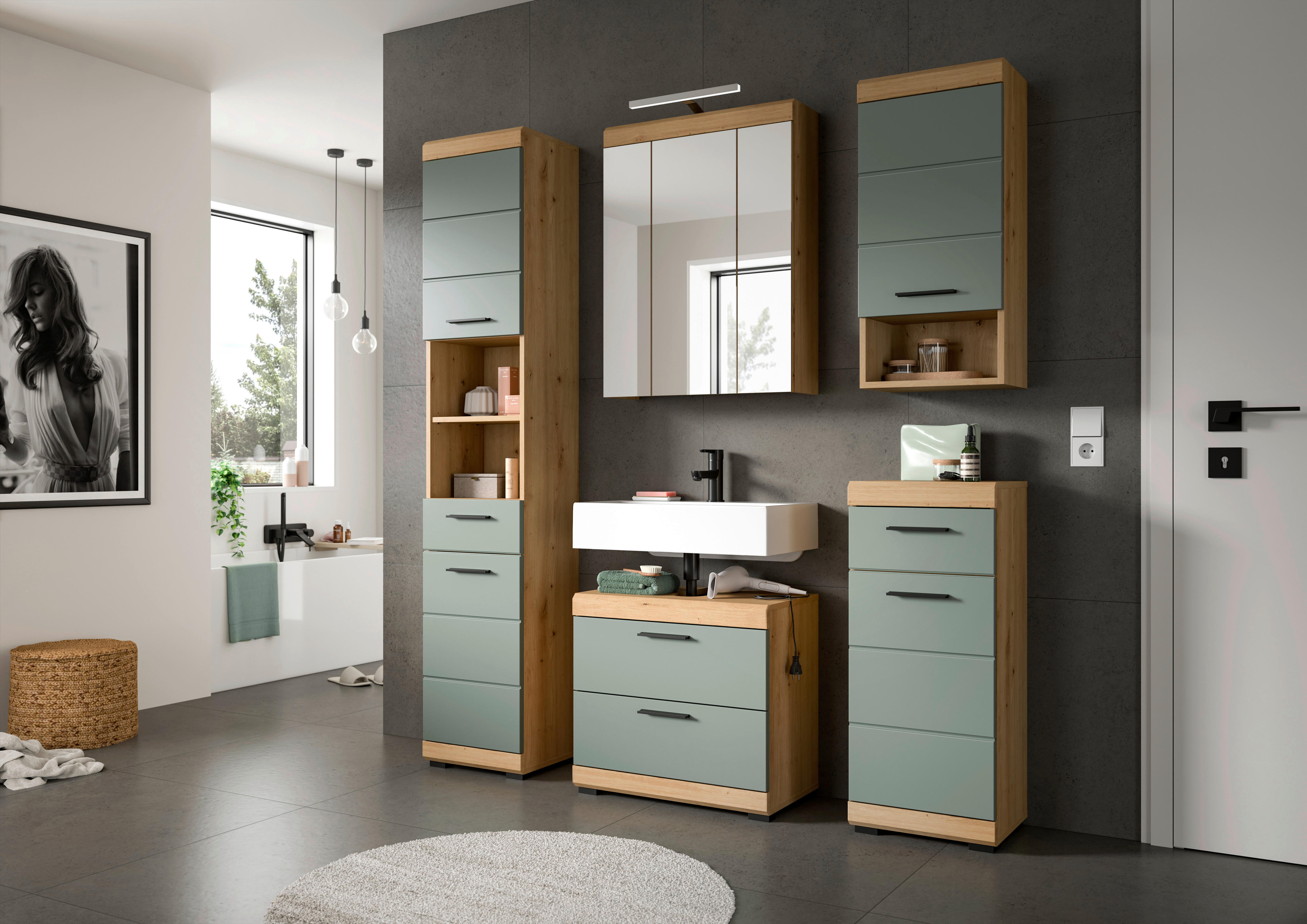 Badezimmer-Set Scout Eiche Artisan Nachbildung salbei Nachbildung B/H/T: ca. 164x191x37 cm Scout - Eiche/salbei (164,00/191,00/37,00cm) - xonox.home