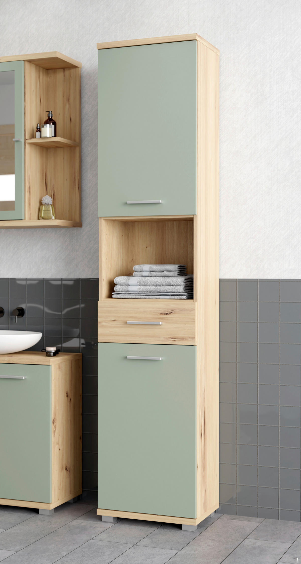 Hochschrank  Eiche Artisan Nachbildung salbei B/H/T: ca. 40x184x29 cm Champ_Hochschrank CMPS712-M934 - Eiche/salbei (40,00/184,00/29,00cm)