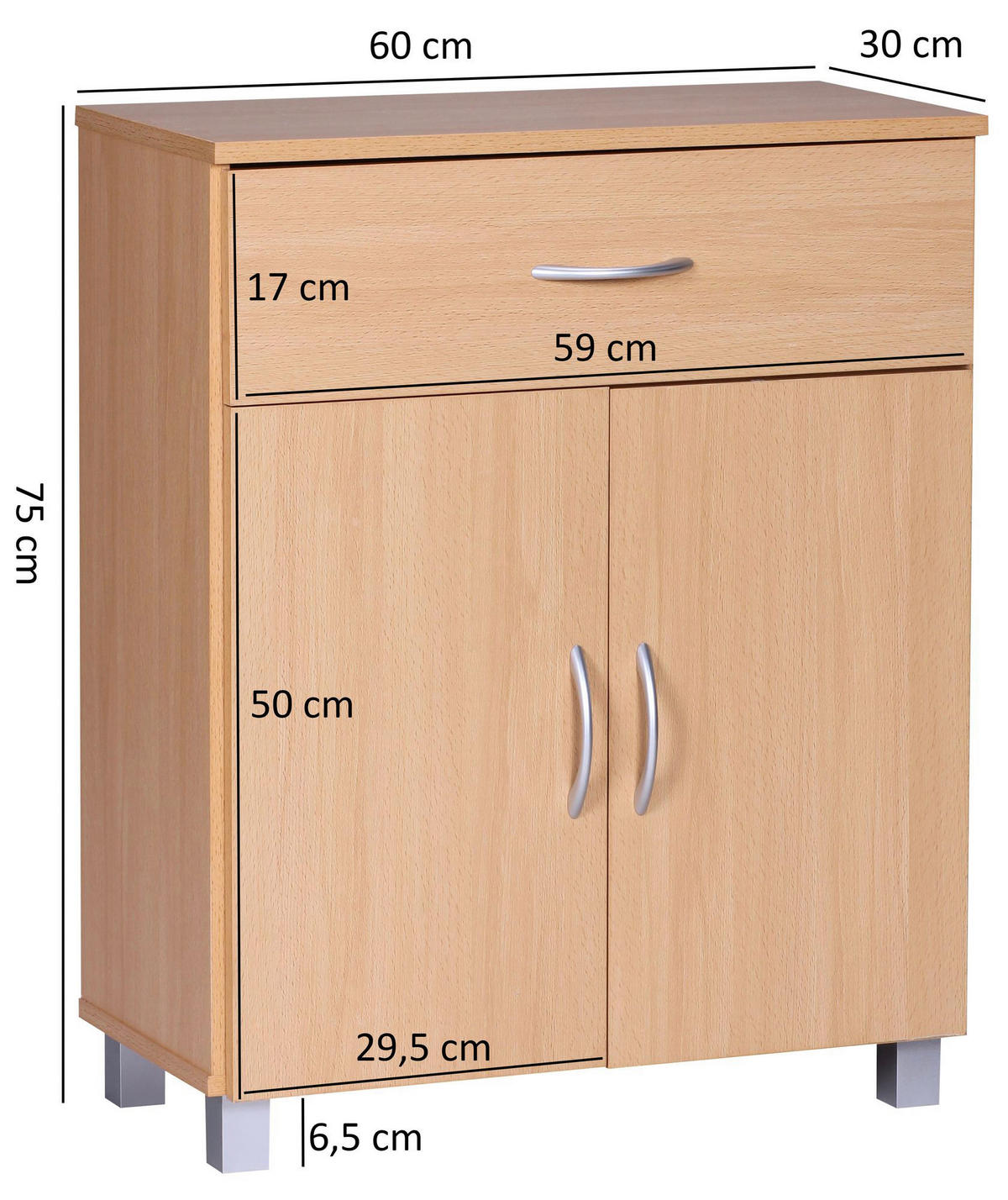 Sideboard buche Nachbildung silber B/H/T: ca. 60x75x30 cm Sideboard - buche/silber (60,00/75,00/30,00cm) - Wohnling