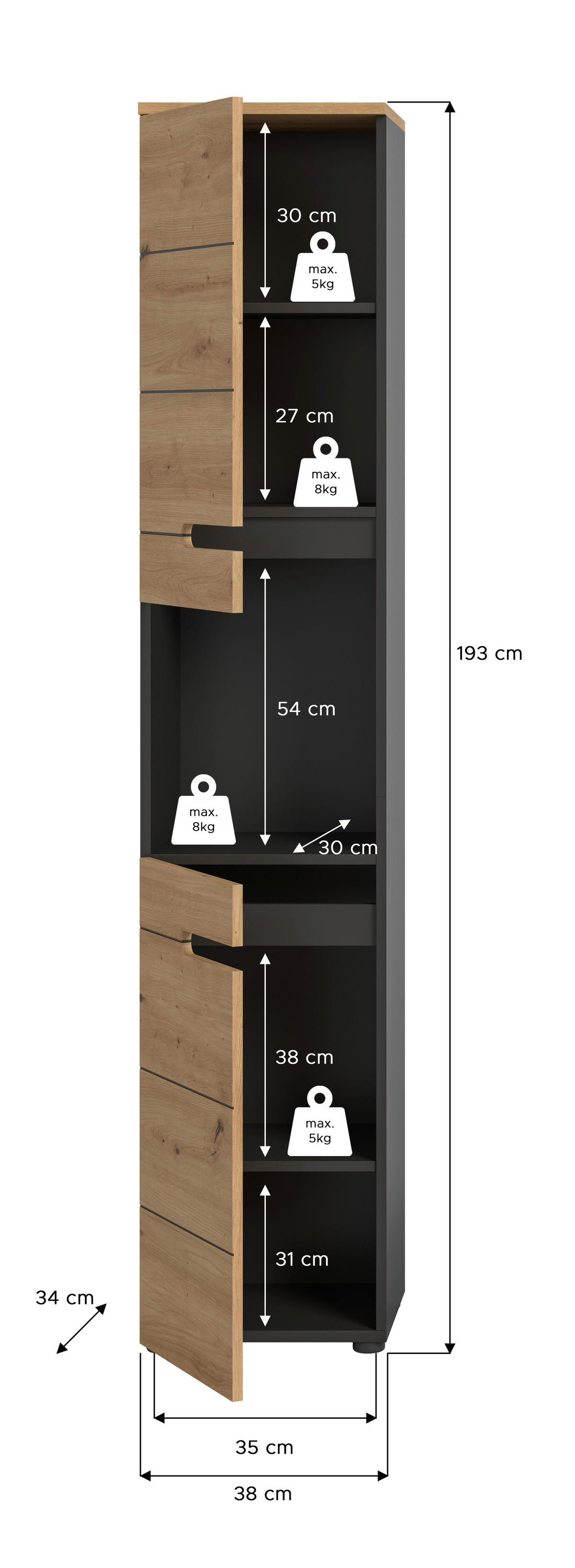 Hochschrank Canu Basalt Eiche Artisan Nachbildung B/H/T: ca. 38x193x34 cm Canu - Eiche/Basalt (38,00/193,00/34,00cm) - xonox.home