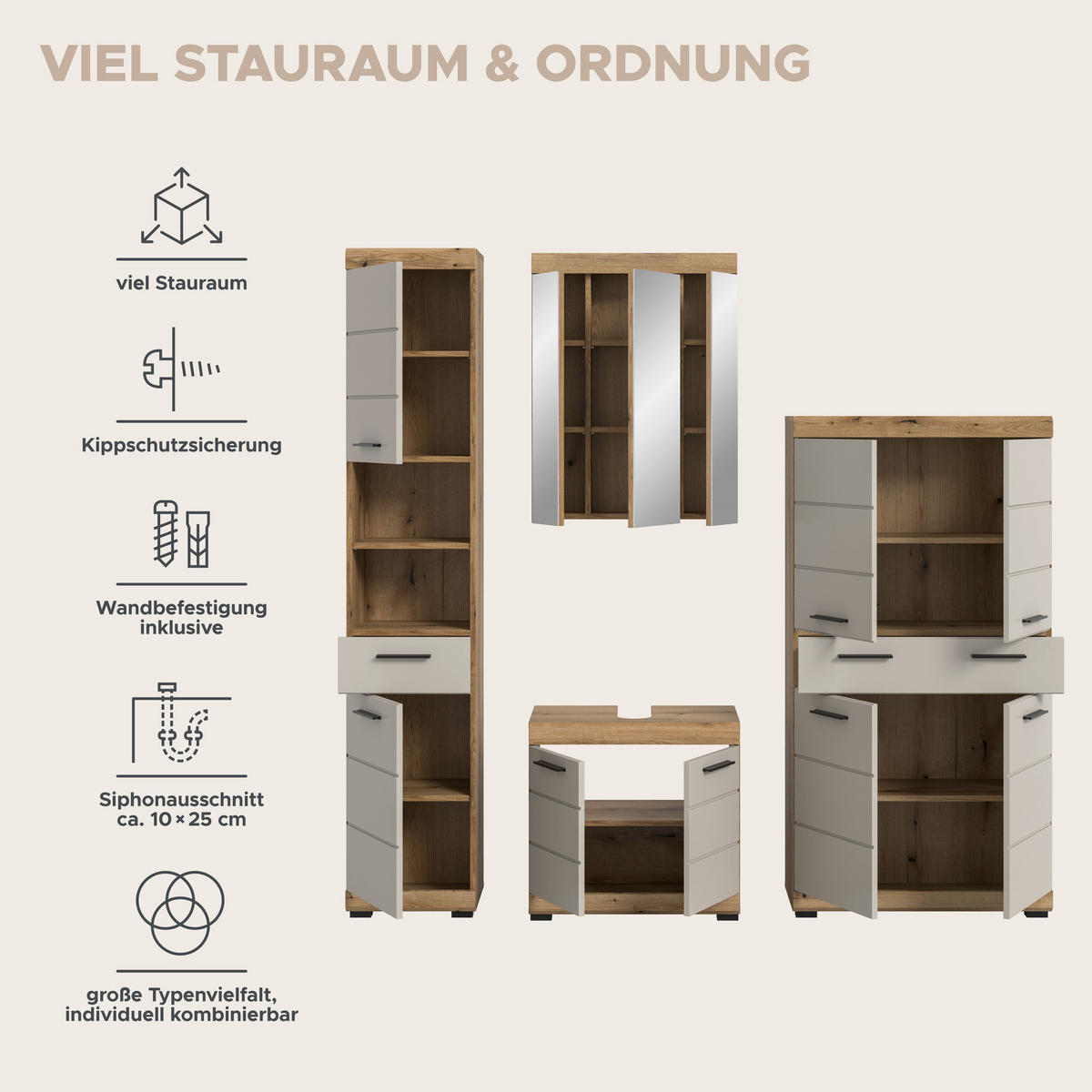 Badezimmer-Set Scout Evoke Oak Nachbildung Kaschmirgrau Nachbildung B/H/T: ca. 201x191x34 cm Scout - Kaschmirgrau (201,00/191,00/34,00cm) - xonox.home
