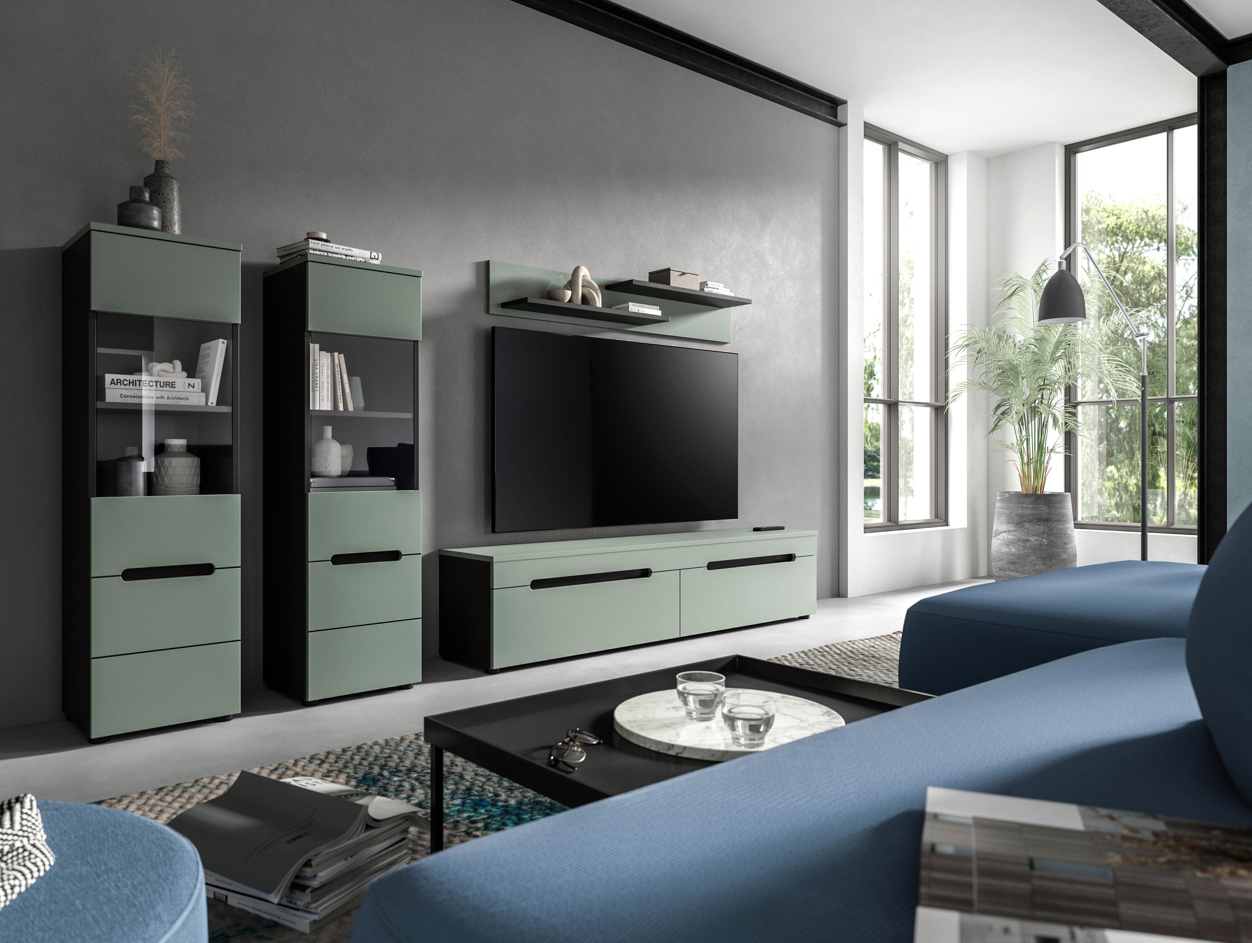 Thumbnail - Wohnwand Canu grün basaltgrau Nachbildung B/H/T: ca. 272x141x33 cm