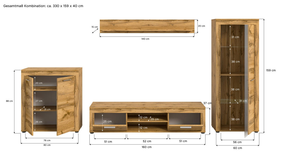 Wohnwand Jam Eiche Wotan Nachbildung B/H/T: ca. 330x159x35 cm Jam - Eiche (330,00/159,00/35,00cm) - xonox.home