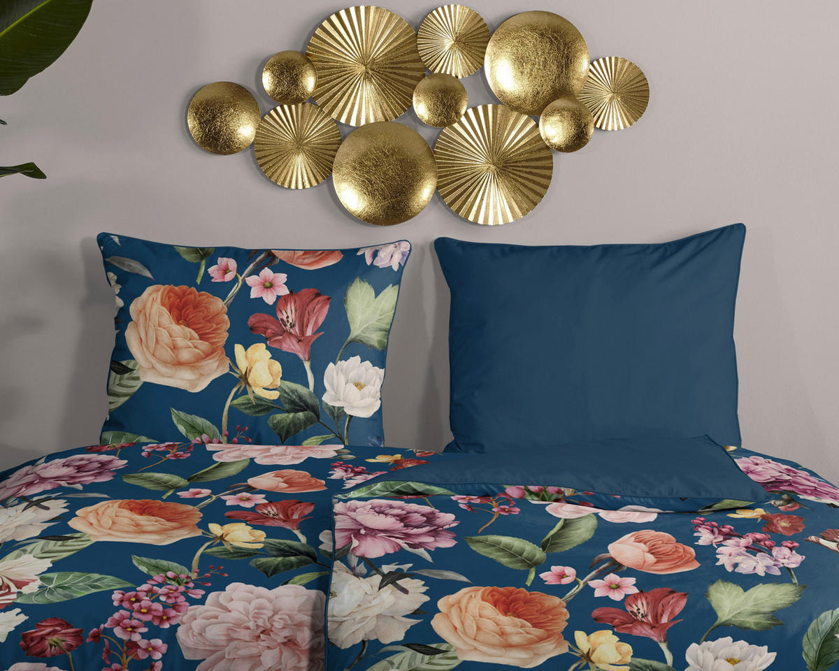 Baumwoll Bettwäsche Fiori Satin Fiori - blau (155,00/220,00cm) - Descanso