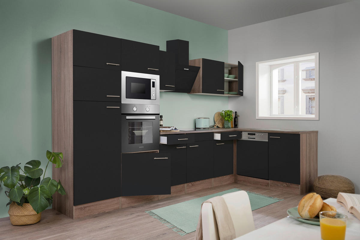 Respekta Winkelküche KBL340EYSMISGKE schwarz B/H/T: ca. 340x205x172 cm KBL340EYSMISGKE - Eiche/schwarz (340,00/205,00/172,00cm) - Respekta