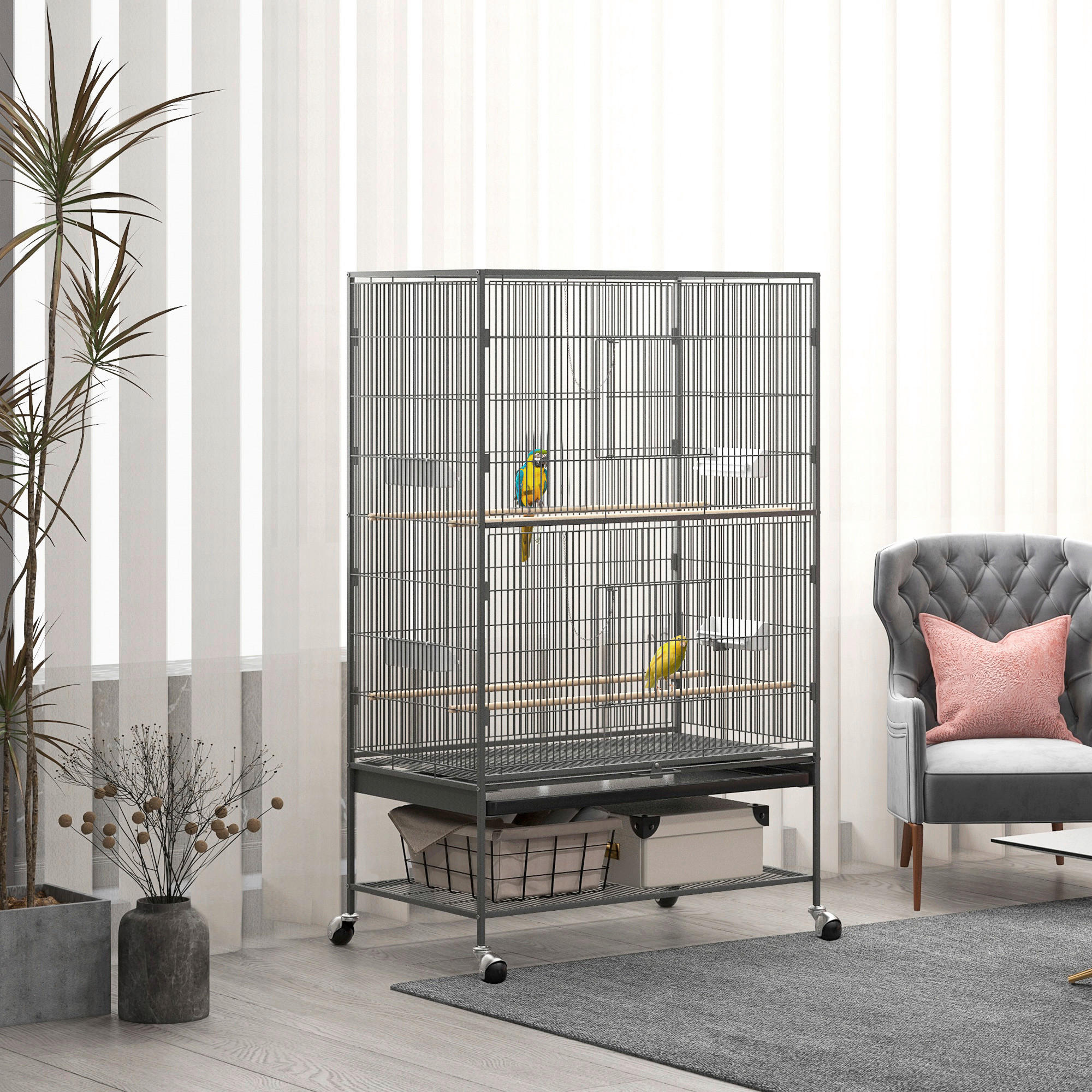 PawHut Tier-Zubehör grau Kunststoff B/H/L: ca. 57x94x153 cm Vogelkäfig - grau (153,00/57,00/94,00cm) - PawHut