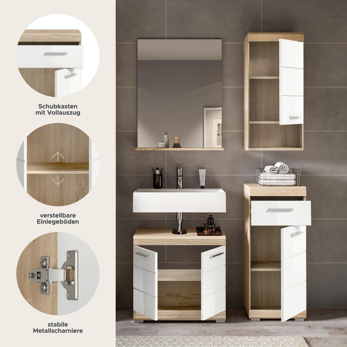 Badezimmer-Set Lambada Eiche Sonoma Nachbildung weiß Hochglanz B/H/T: ca. 112x191x34 cm Lambada - Eiche/weiß (112,00/191,00/34,00cm) - xonox.home