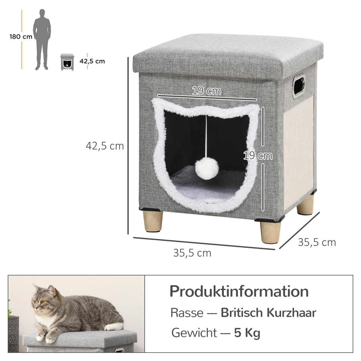PawHut Katzen-Zubehör grau Polypropylen B/H/L: ca. 35,5x35,5x42,5 cm Katzenhaus - grau (42,50/35,50/35,50cm) - PawHut