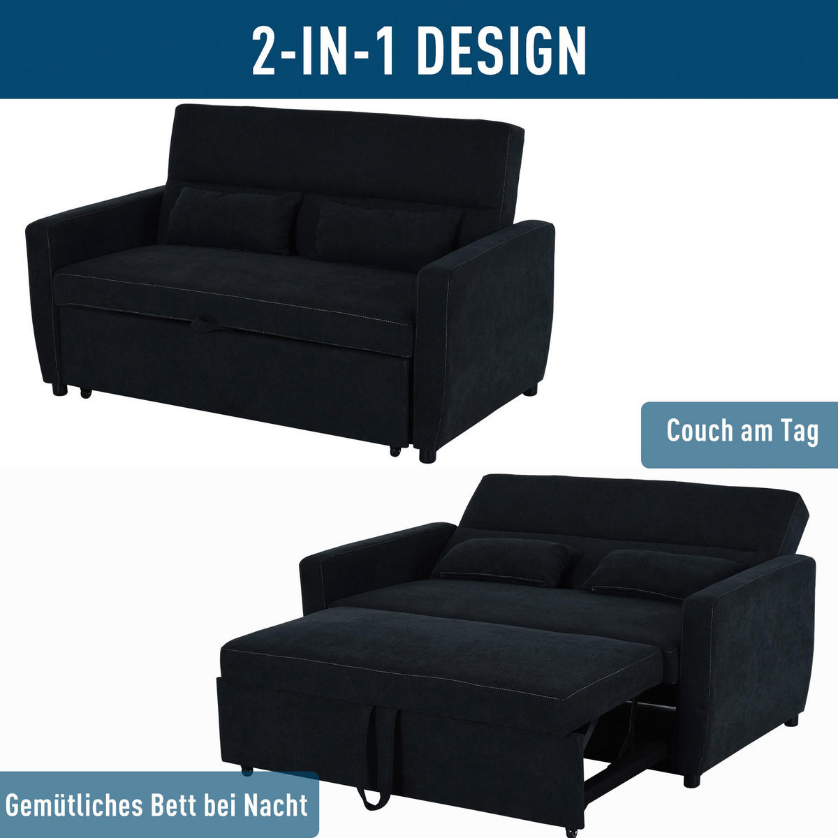 Schlafsofa 833-834 schwarz B/H/T: ca. 148x89x82 cm 833-834 - schwarz (148,00/89,00/82,00cm) - HOMCOM