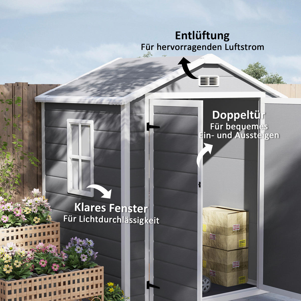 Outsunny Gartenschuppen grau Kunststoff B/H/L: ca. 134x210x183 cm Gartenschuppen - grau (183,00/134,00/210,00cm) - Outsunny