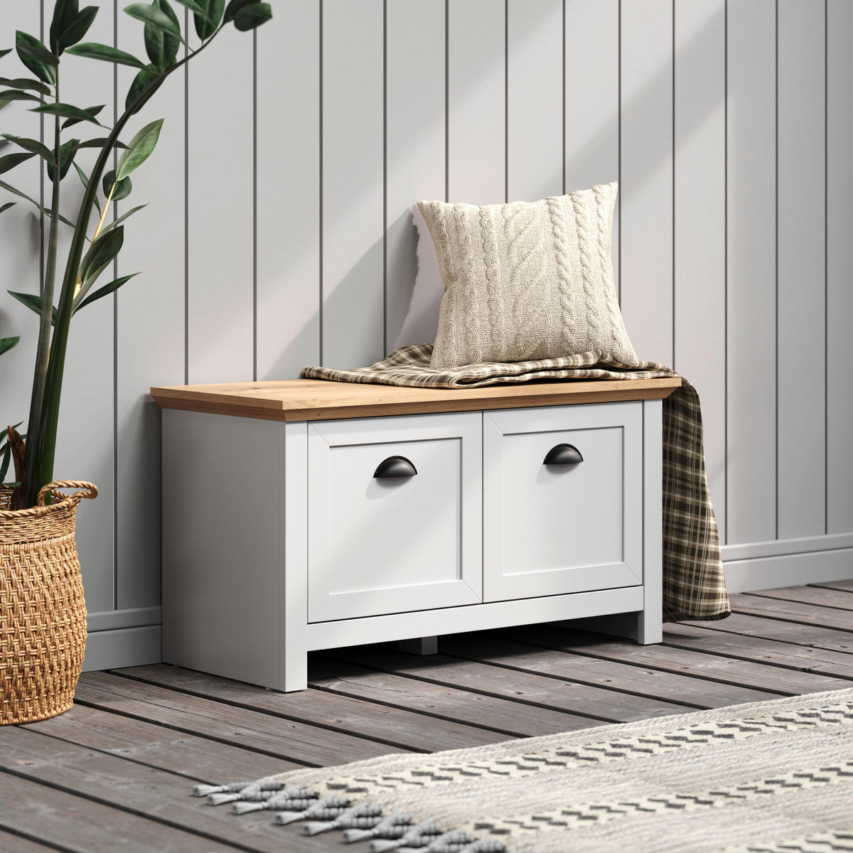Sitzbank Landside Lichtgrau Eiche Artisan Nachbildung B/H/T: ca. 91x49x41 cm Landside - Lichtgrau/Eiche (91,00/49,00/41,00cm) - Trendteam