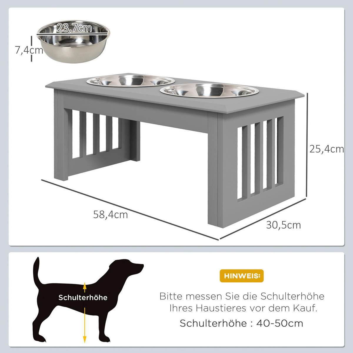 PawHut Futternapf grau Edelstahl B/H/L: ca. 30,5x25,4x58,4 cm Futternapf - grau (58,40/30,50/25,40cm) - PawHut