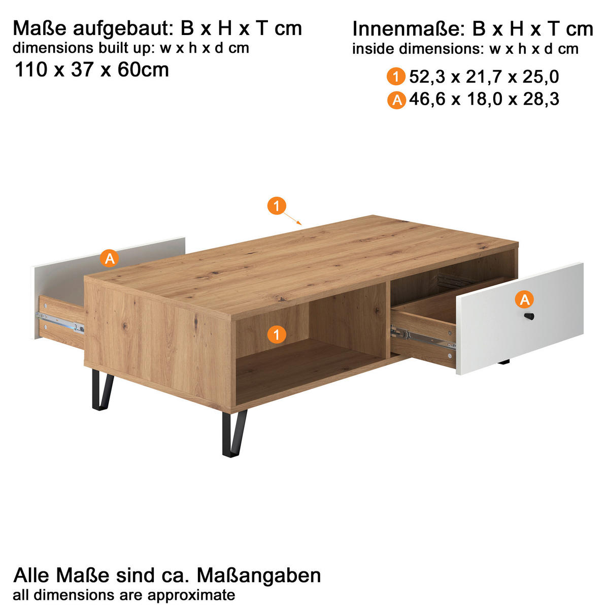 TV-Lowboard Touch Eiche Artisan Nachbildung weiß matt B/H/T: ca. 110x37x60 cm Touch - Eiche/weiß (110,00/37,00/60,00cm) - Trendteam