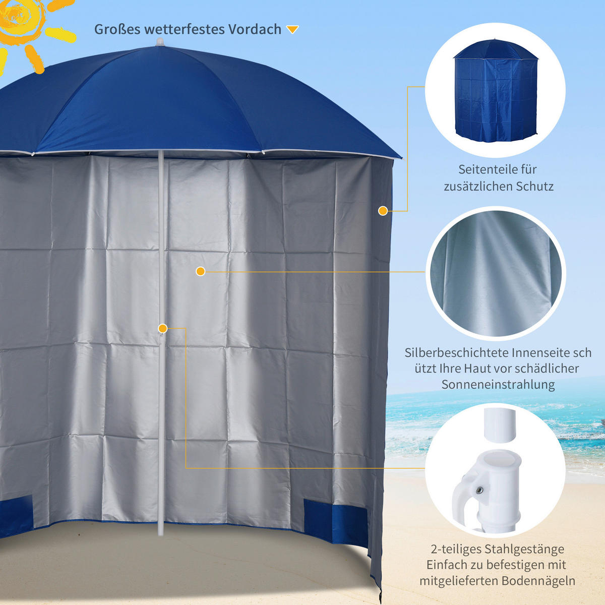 Outsunny Sonnenschirm blau Metall D: ca. 220 cm Sonnenschirm - blau (220,00cm) - Outsunny