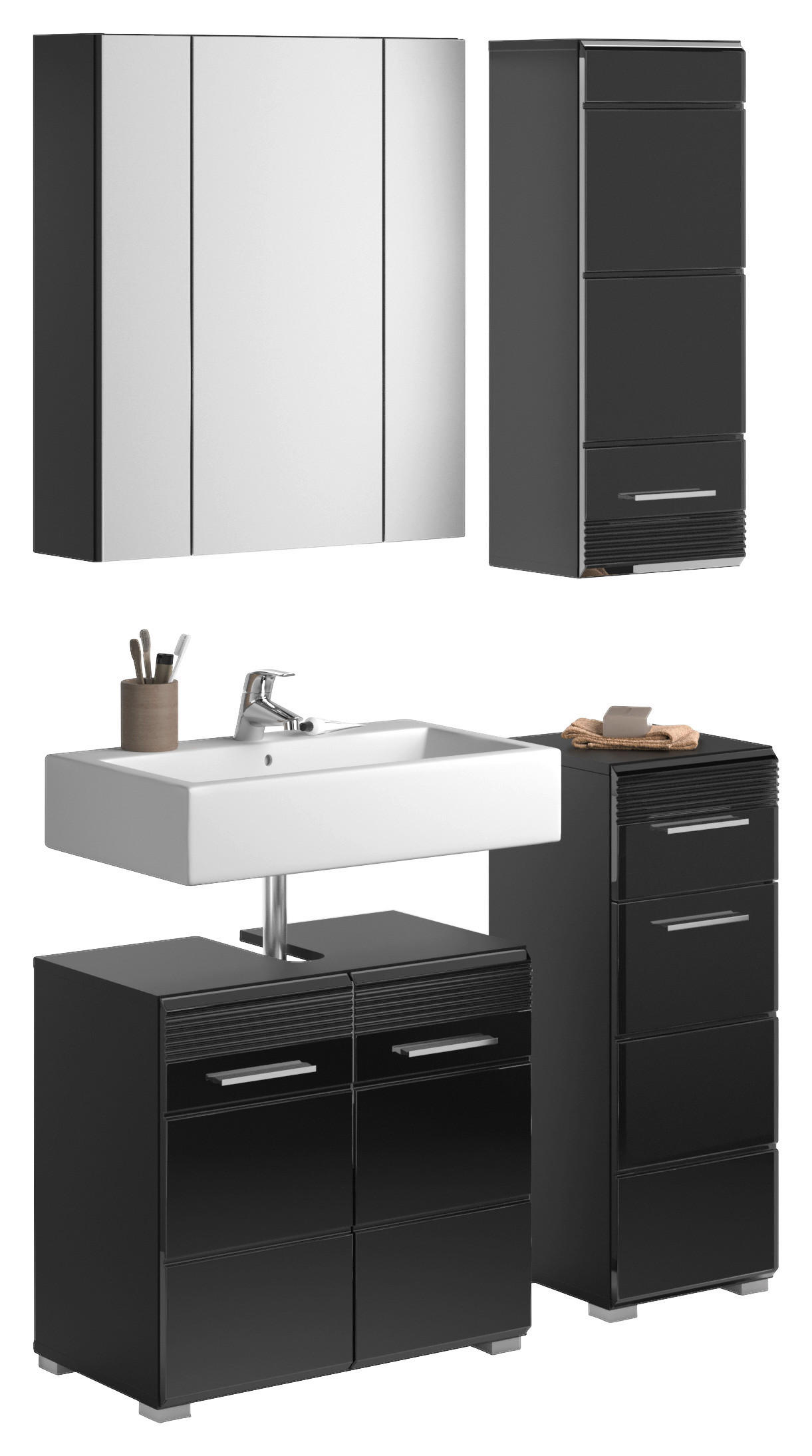 Badezimmer-Set LINUS schwarz schwarz Hochglanz B/H/T: ca. 105x182x34 cm LINUS - schwarz (105,00/182,00/34,00cm) - xonox.home