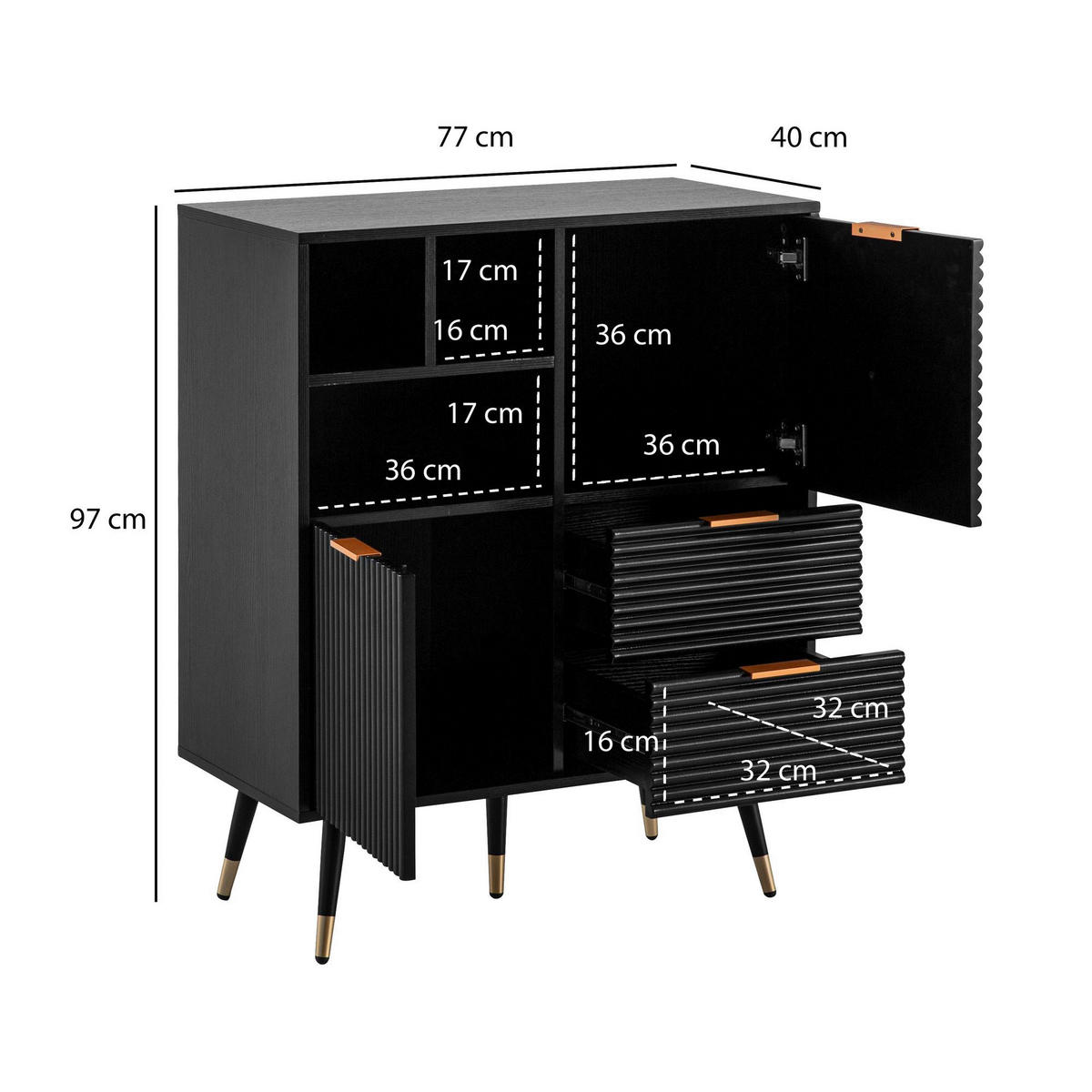Sideboard schwarz B/H/T: ca. 77x97x40 cm Sideboard - schwarz (77,00/97,00/40,00cm) - Wohnling