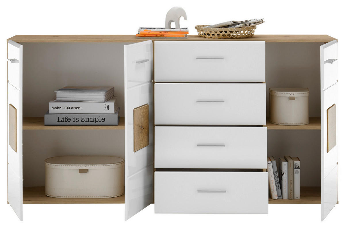 Sideboard Georgia Eiche Artisan Nachbildung weiß Hochglanz Hirnholz Optik B/H/T: ca. 180x92x38 cm Georgia - Eiche/weiß (180,00/92,00/38,00cm)
