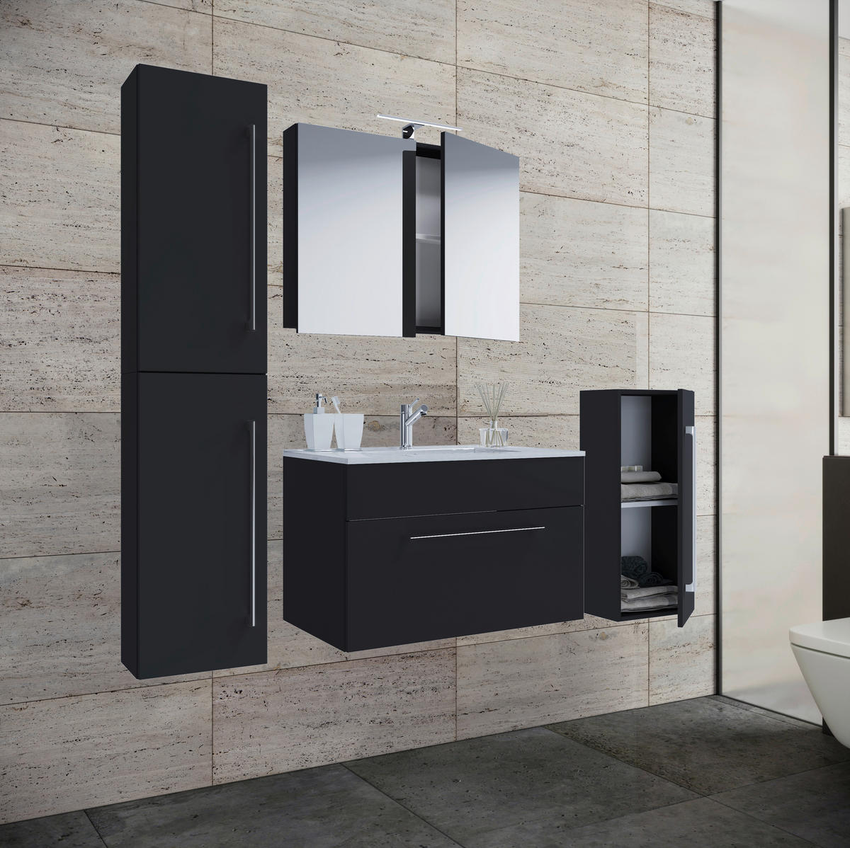 Waschplatz 5tlg-Badinos schwarz B/H/T: ca. 60x50x46 cm 5tlg-Badinos - schwarz (60,00/50,00/46,00cm) - VCM Möbel