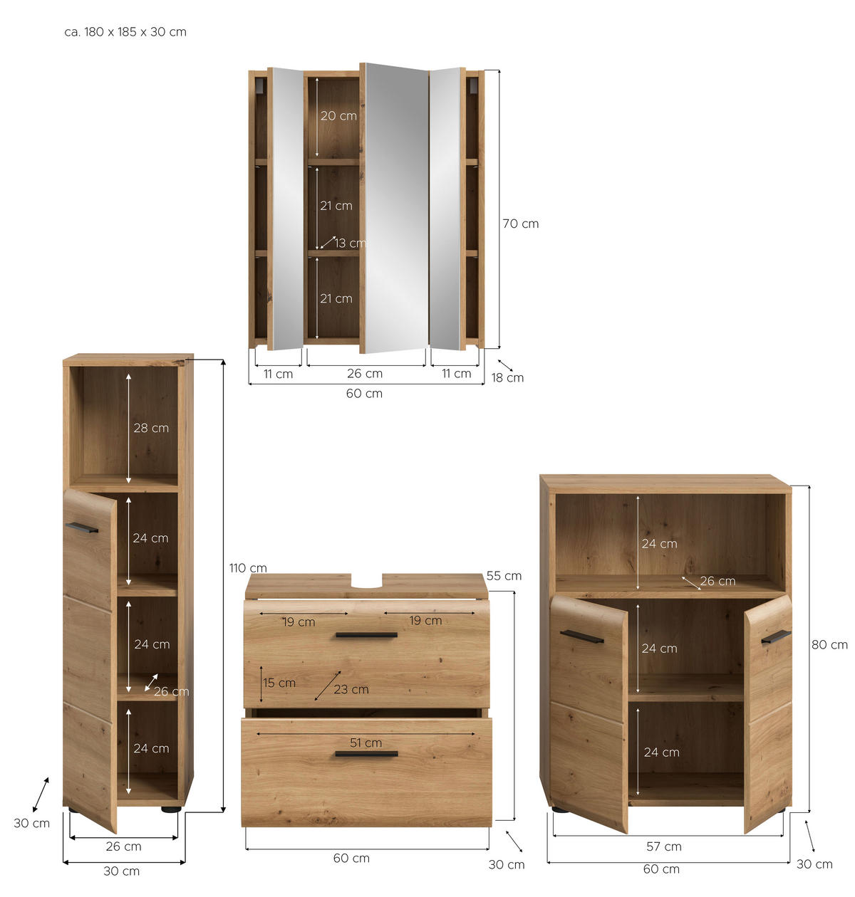 Badezimmer-Set Ice Artisan Oak Nachbildung B/H/T: ca. 180x185x30 cm Ice - (180,00/185,00/30,00cm) - xonox.home