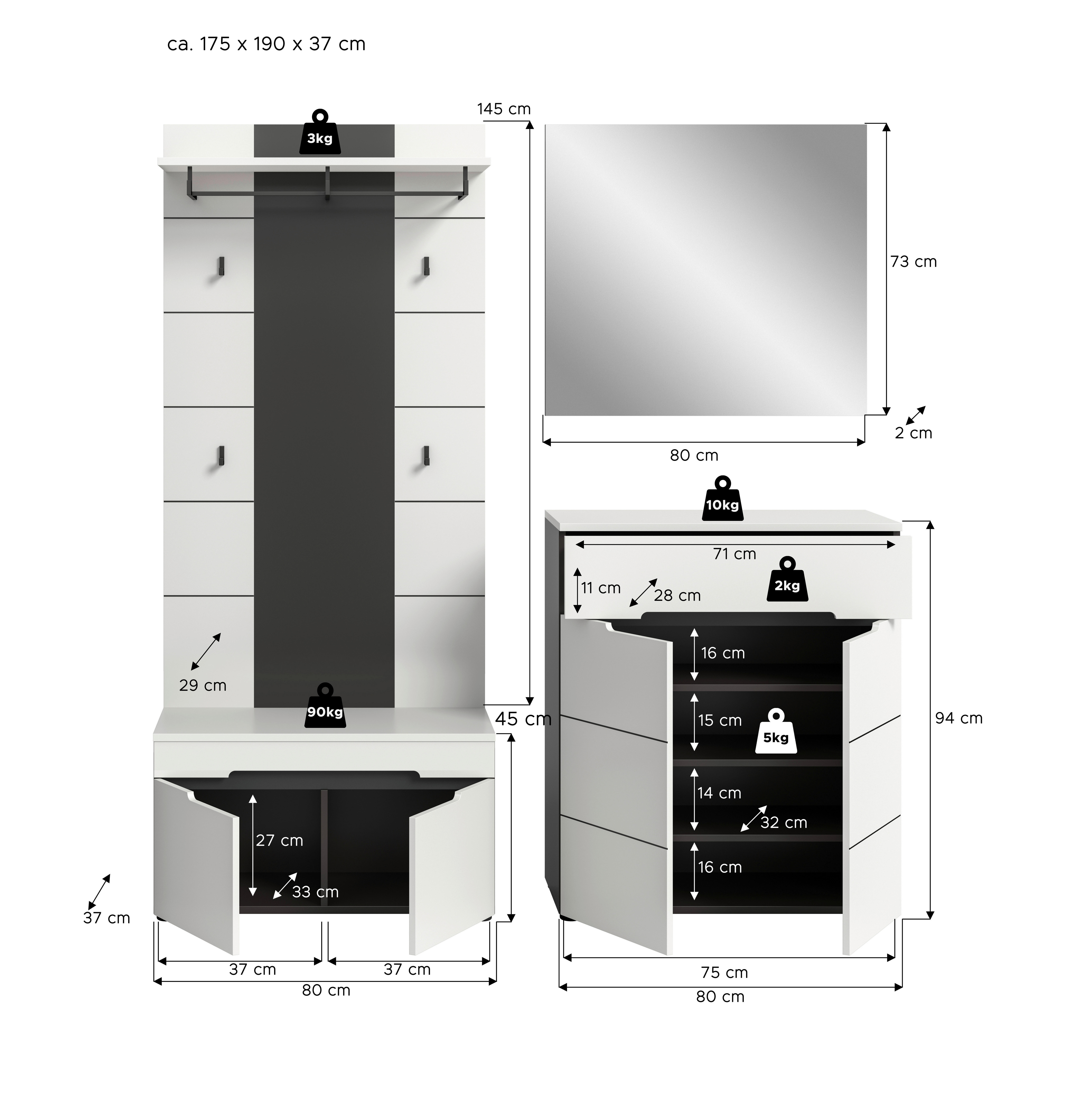 Thumbnail - Garderobe Canu basaltgrau Nachbildung weiß B/H/T: ca. 175x190x37 cm