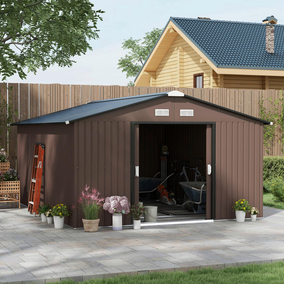 Outsunny Gerätehaus braun Stahl B/H/L: ca. 386x200x340 cm Gerätehaus - braun (340,00/386,00/200,00cm) - Outsunny