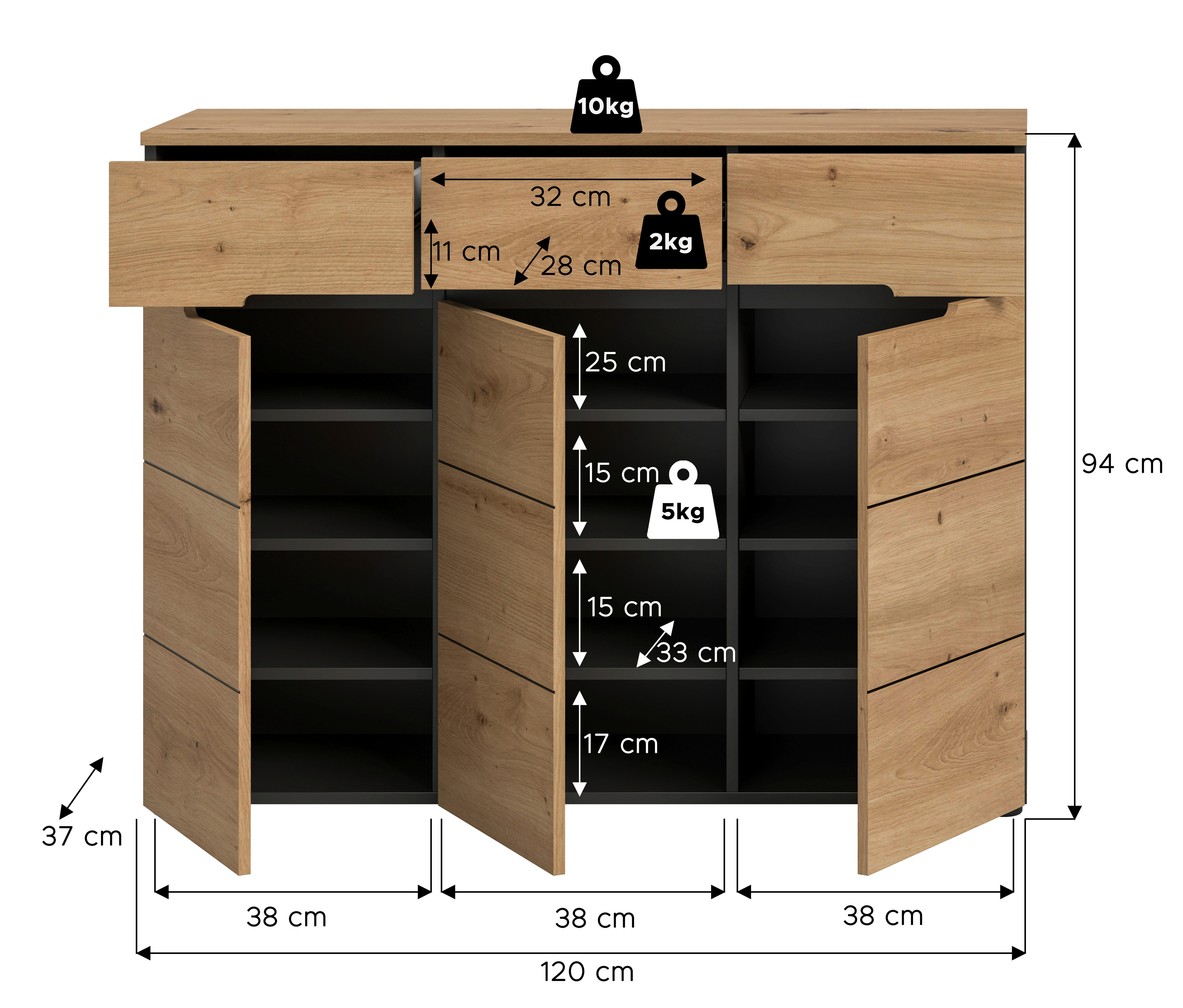 Schuhkommode Canu basaltgrau Nachbildung Artisan Nachbildung B/H/T: ca. 94x120x37 cm Canu - basaltgrau (94,00/120,00/37,00cm) - xonox.home