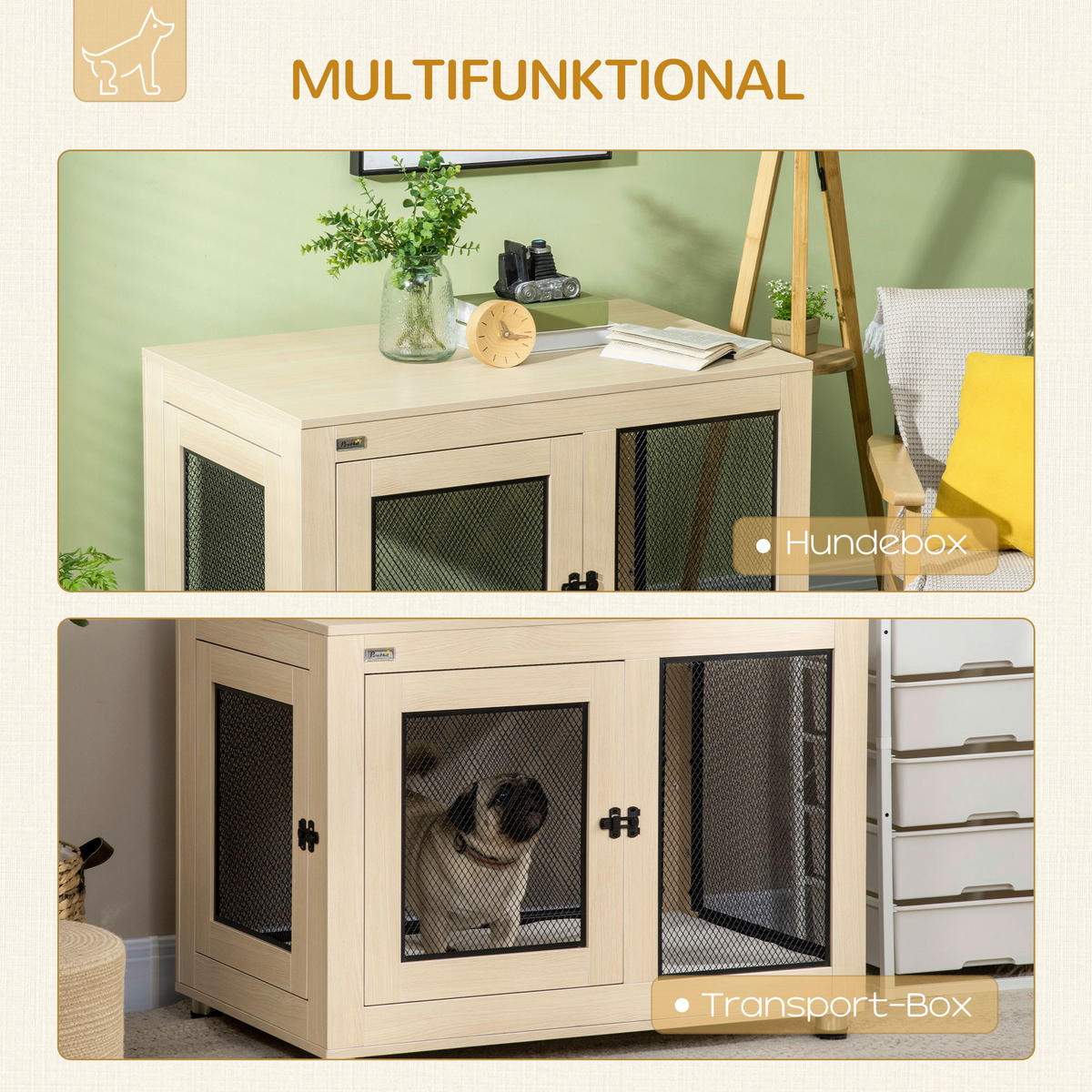 PawHut Hunde-Zubehör Eiche Polyester B/H/L: ca. 60x94x71,5 cm Hundekäfig - Eiche (71,50/60,00/94,00cm) - PawHut