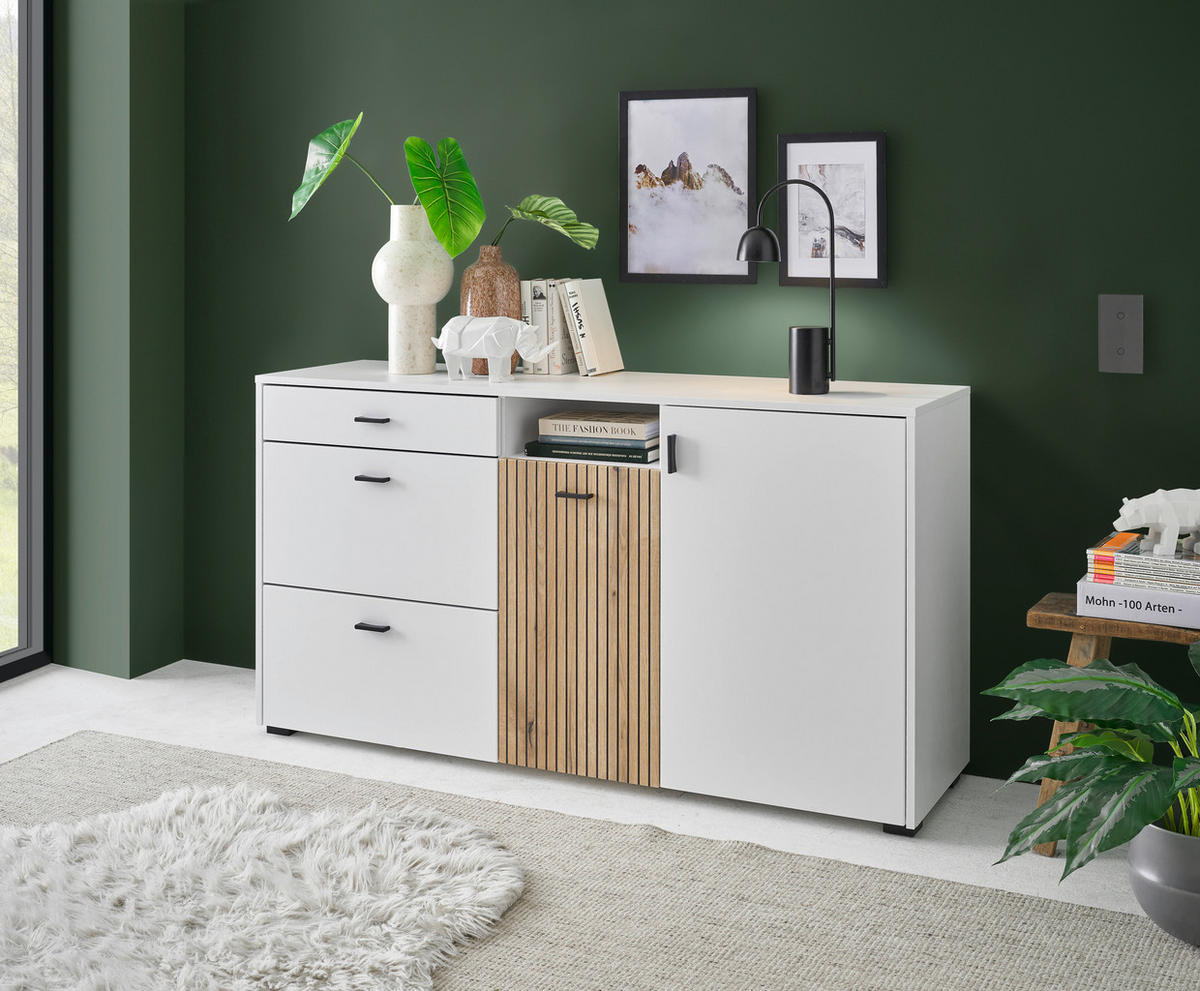 Sideboard Hudson weiß matt Eiche Evoke Coast Nachbildung B/H/T: ca. 150x22x21 cm Hudson - Eiche/weiß (150,00/22,00/21,00cm)