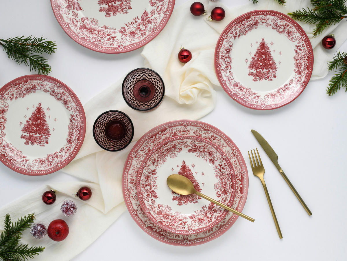 CreaTable Tafelservice Tannenbaum rot Steingut 12 tlg. Tannenbaum - rot - CreaTable