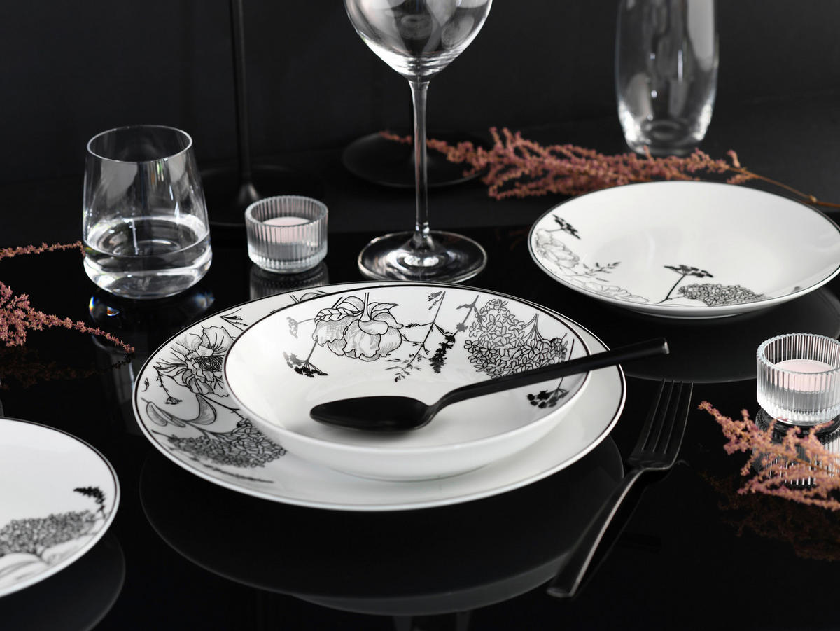 CreaTable Tafelservice Luna Black Flower weiß Porzellan 18 tlg. Luna Black Flower - weiß - CreaTable