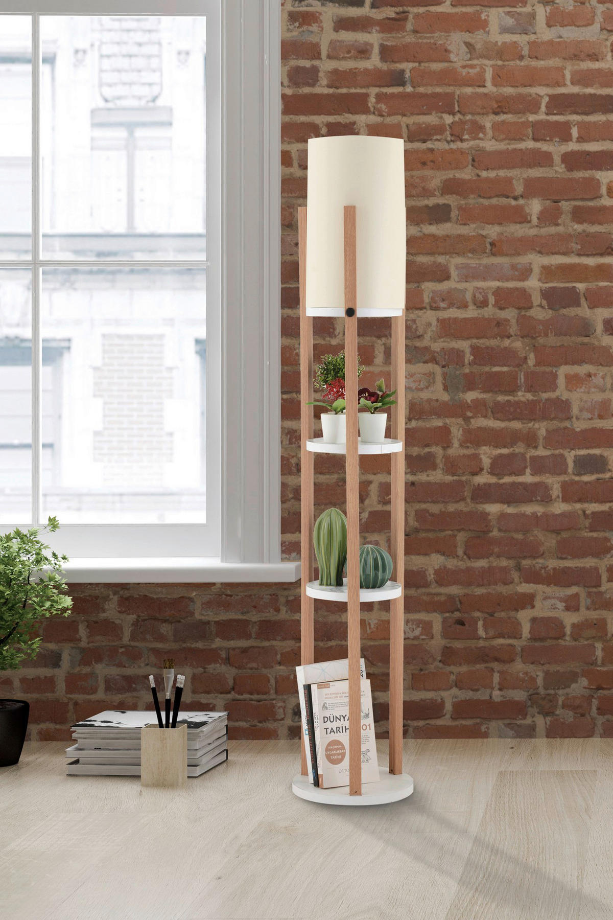 Opviq Stehleuchte weiß natur MDF B/H/L: ca. 21x135x21 cm E27 1 Brennstellen Circle Nora - weiß/natur (21,00/21,00/135,00cm) - Opviq