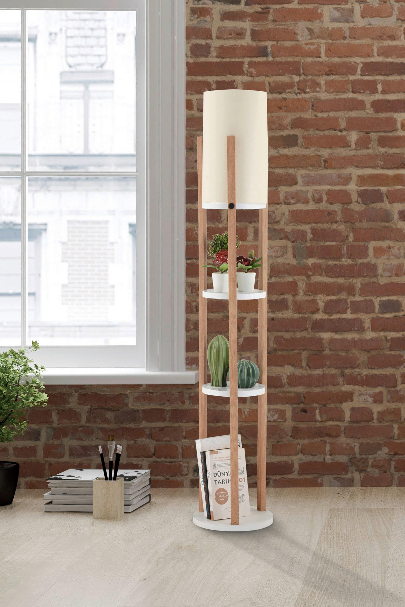 Thumbnail - Opviq Stehleuchte weiß natur MDF B/H/L: ca. 21x135x21 cm E27 1 Brennstellen