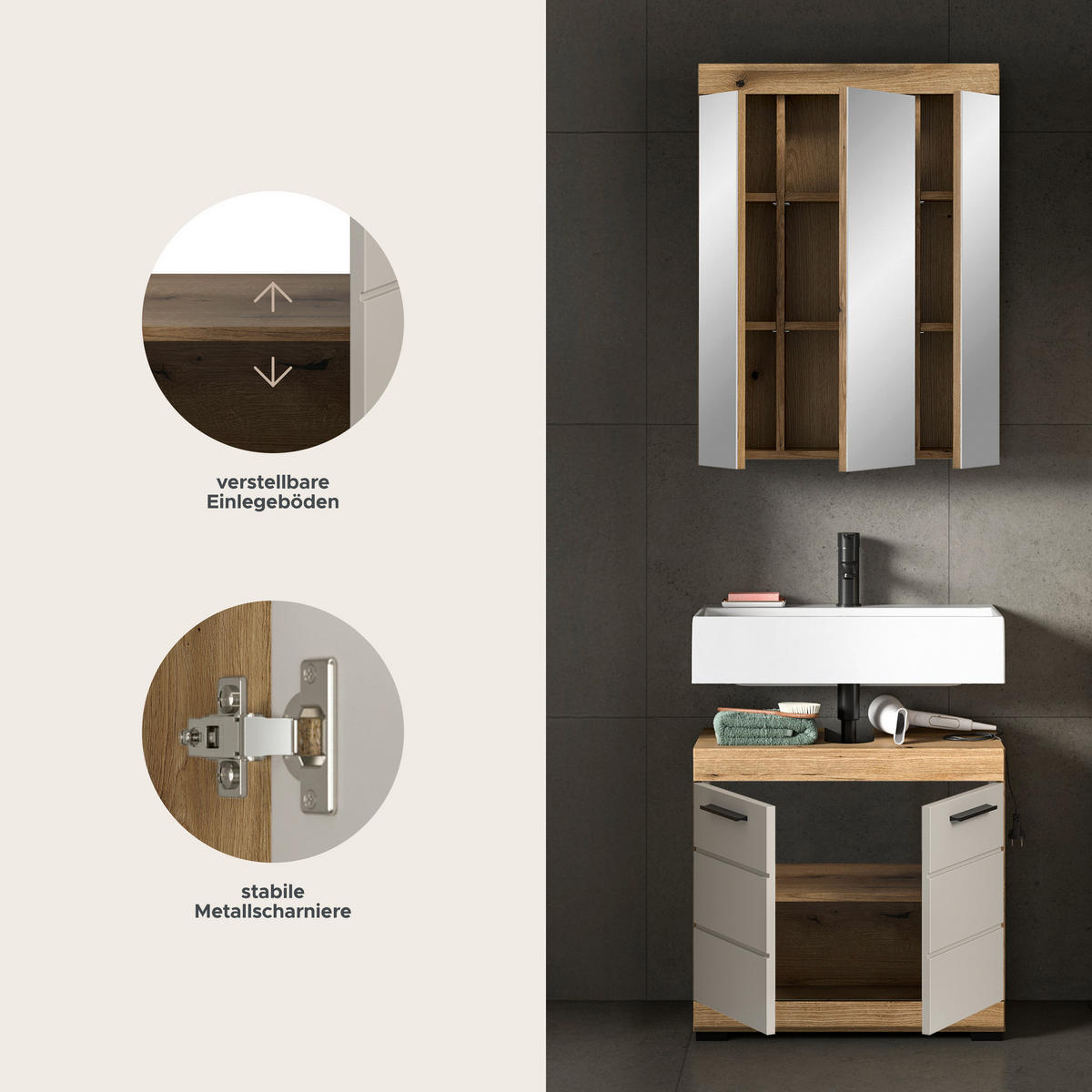 Badezimmer-Set Scout Evoke Oak Nachbildung Kaschmirgrau Nachbildung B/H/T: ca. 60x191x34 cm Scout - Kaschmirgrau (60,00/191,00/34,00cm) - xonox.home