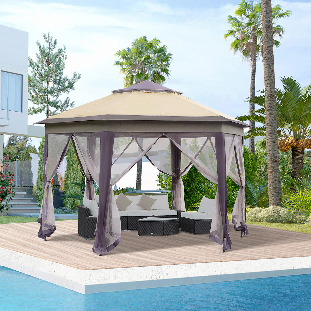 Outsunny Faltpavillon kaffee Mesh B/H/L: ca. 340x285x405 cm Faltpavillon - beige/braun (405,00/340,00/285,00cm) - Outsunny