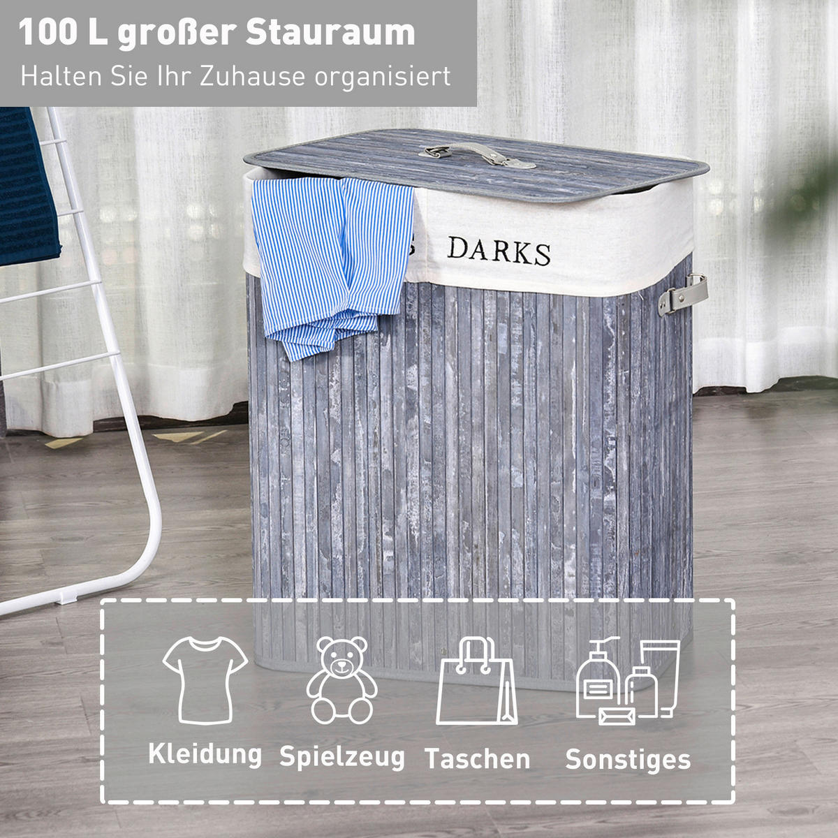 Wäschekorb mit 2 Tragegriffen grau Bambus Kunststoff B/H/L: ca. 32x63x52 cm Wäschekorb 850-020GY - grau (52,00/32,00/63,00cm) - HOMCOM