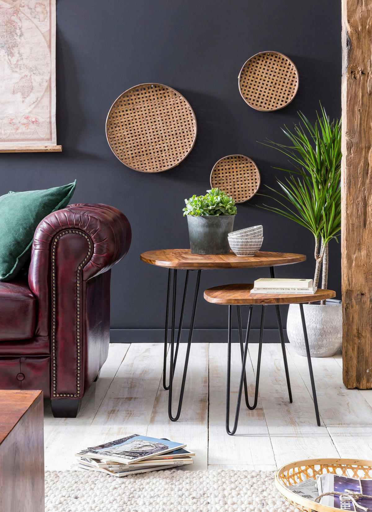 Beistelltisch 2er-Set natur schwarz Echtholz Eisen 2er-Set - natur/schwarz - Wohnling