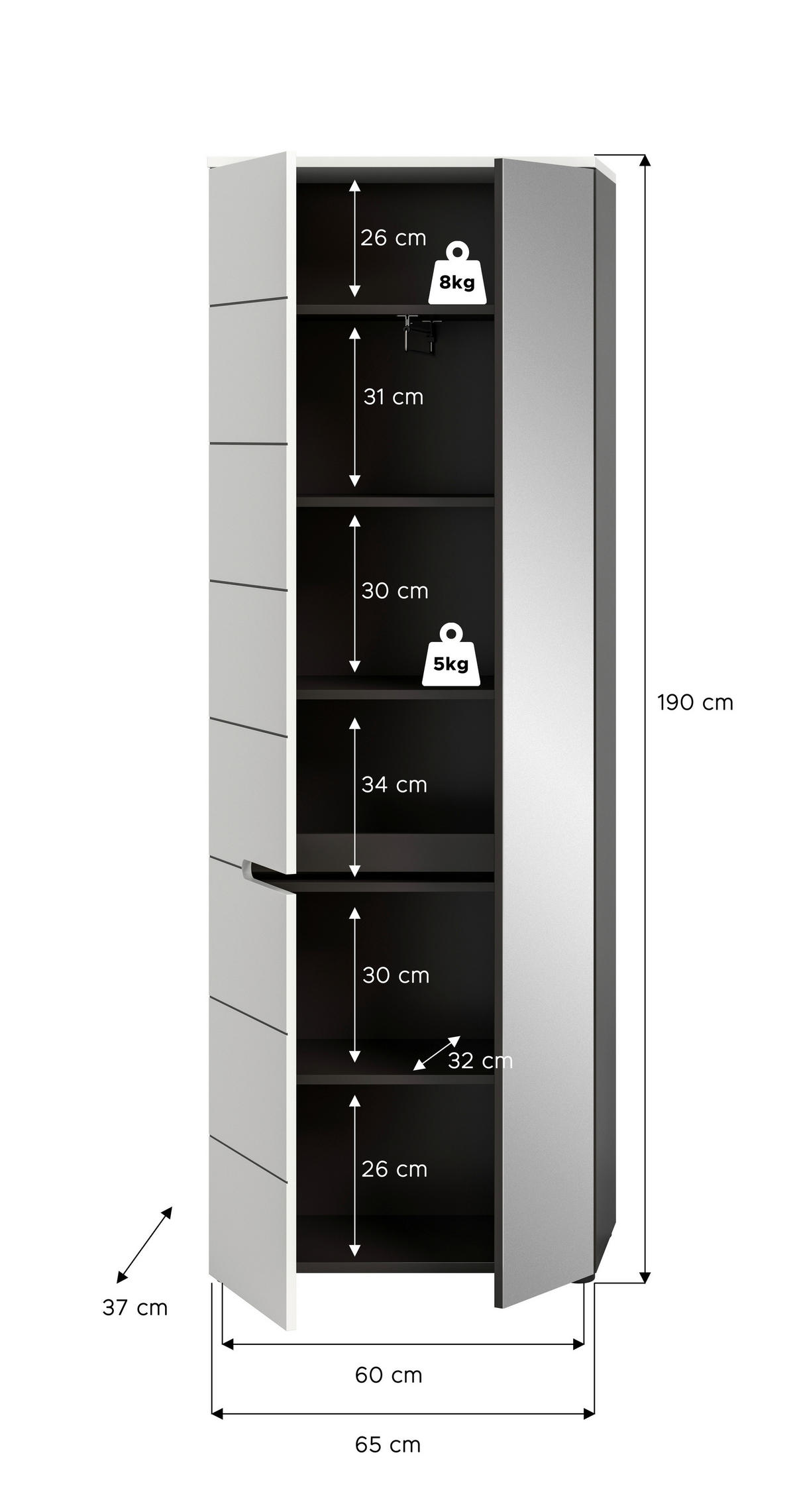 Garderobenschrank Canu basaltgrau Nachbildung weiß B/H/T: ca. 65x190x37 cm Canu - weiß/basaltgrau (65,00/190,00/37,00cm) - xonox.home