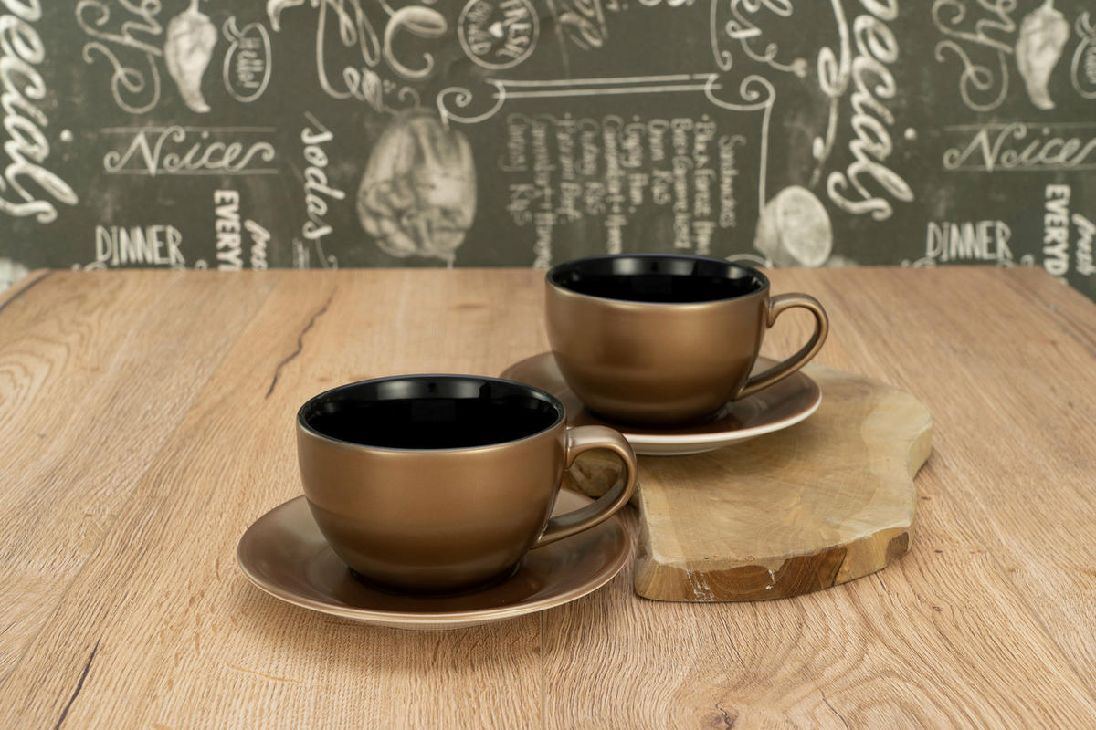 CreaTable Cappucinotassenset Golden Days gold Steinzeug 4 tlg. Golden Days - gold/schwarz - CreaTable