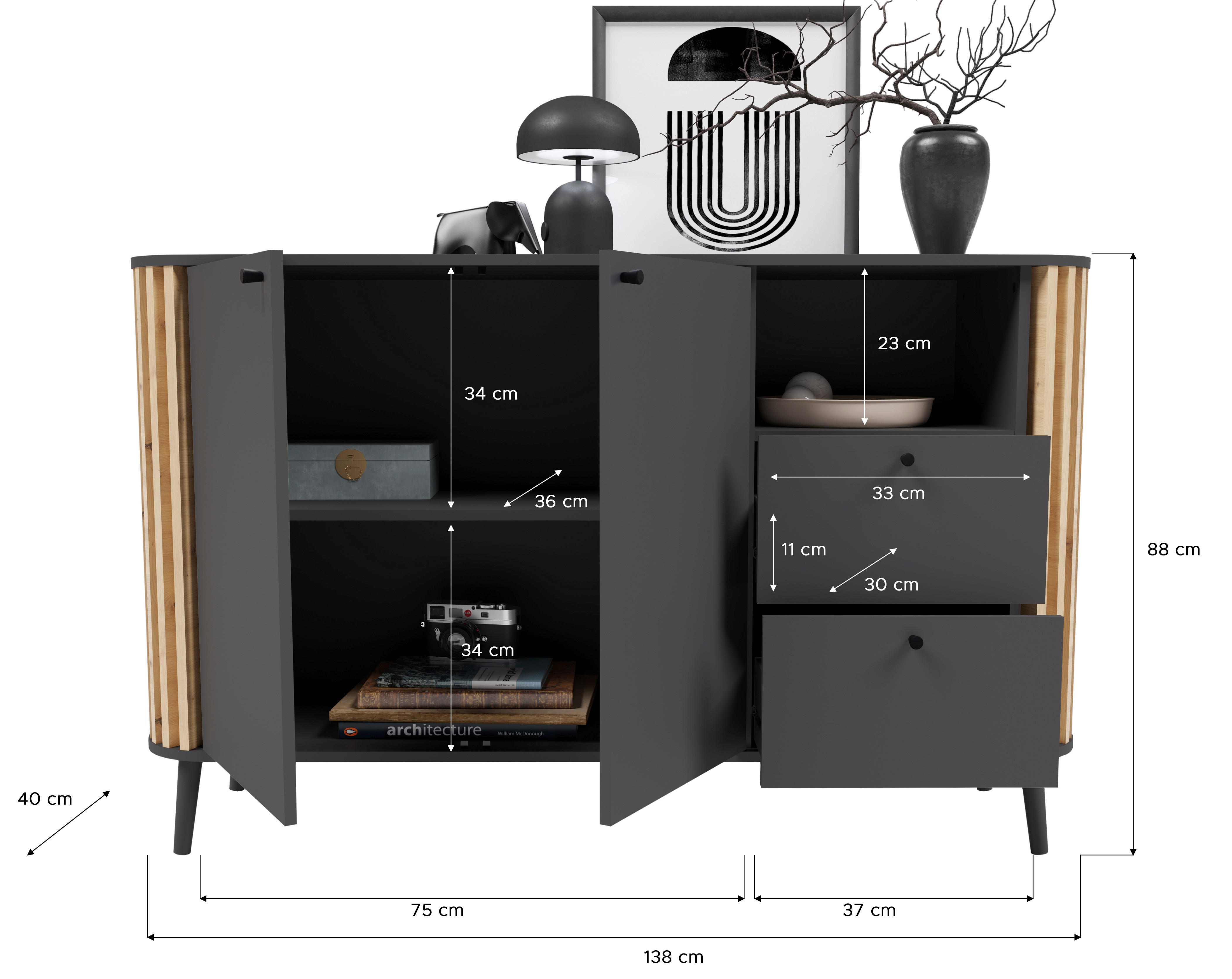 Sideboard PURE grau Eiche Artisan Nachbildung B/H/T: ca. 138x87,5x40 cm PURE - Eiche/grau (138,00/87,50/40,00cm) - xonox.home