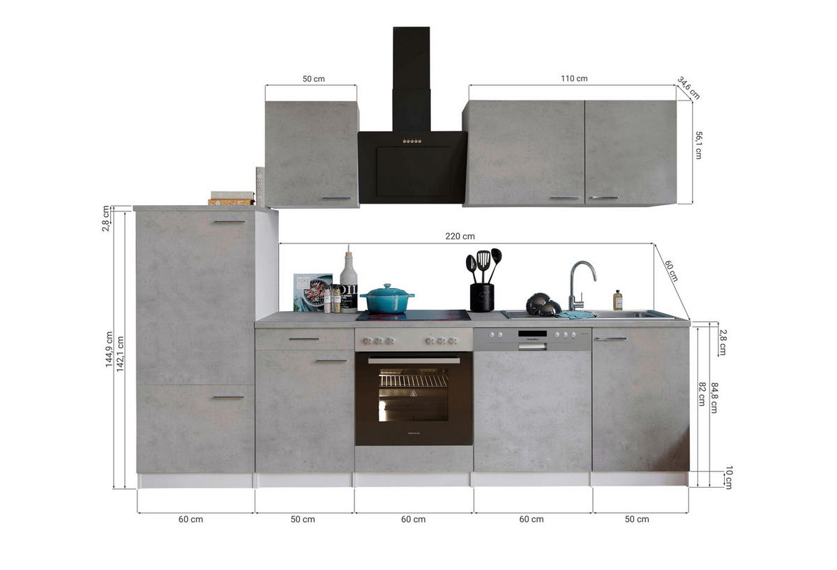 Respekta Küchenblock Malia Beton Optik B/H/T: ca. 280x200x60 cm Malia - Beton/weiß (280,00/200,00/60,00cm) - Respekta