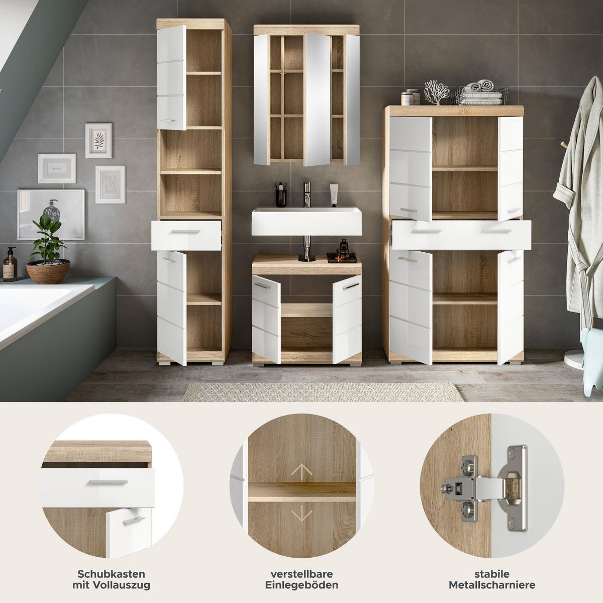 Badezimmer-Set Lambada Eiche Sonoma Nachbildung weiß Hochglanz B/H/T: ca. 186x191x34 cm Lambada - Eiche/weiß (186,00/191,00/34,00cm) - xonox.home