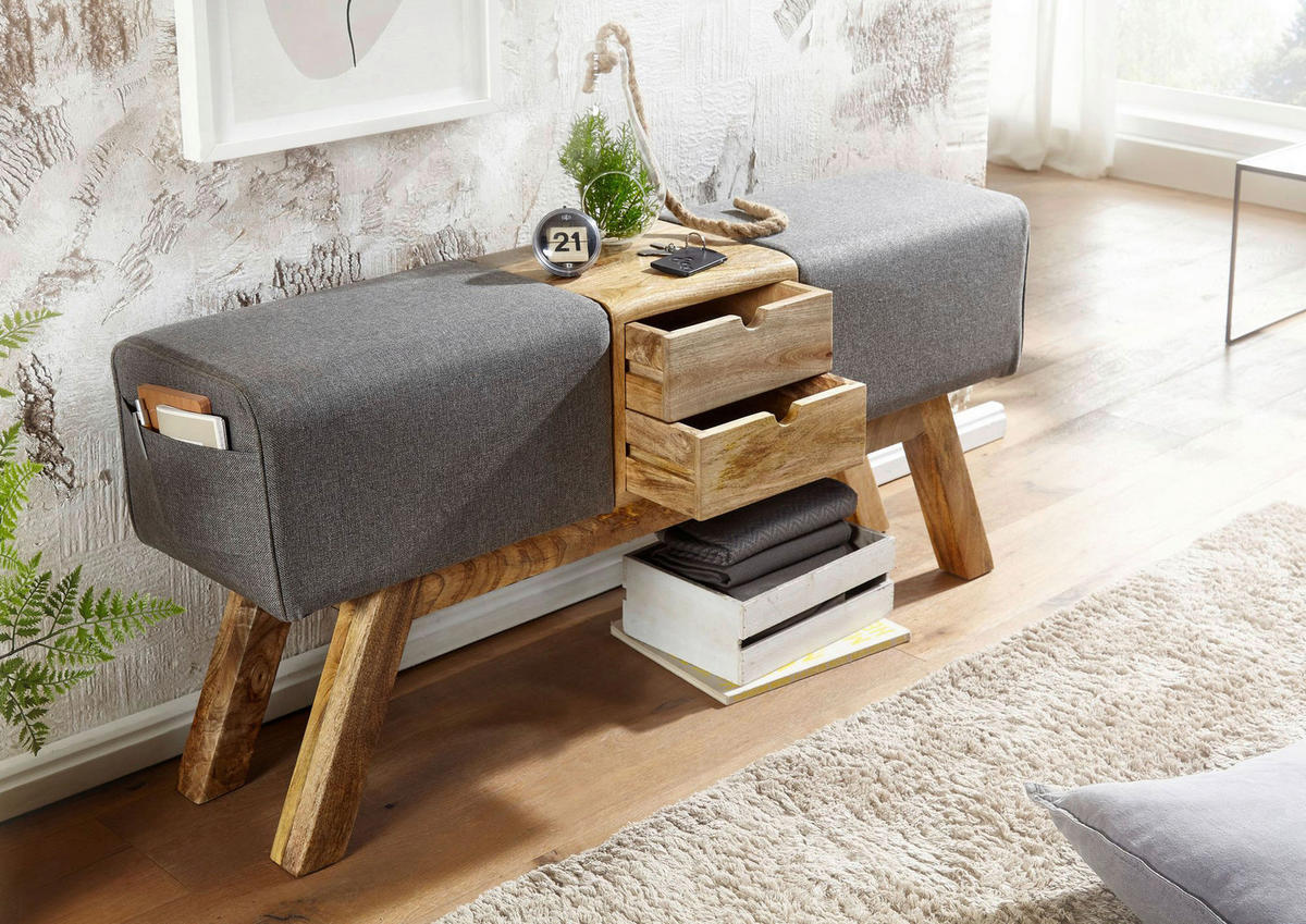 Wohnling Sitzbank grau natur Stoff Echtholz B/H/T: ca. 120x56x30 cm Sitzbank - natur/grau (120,00/56,00/30,00cm) - Wohnling