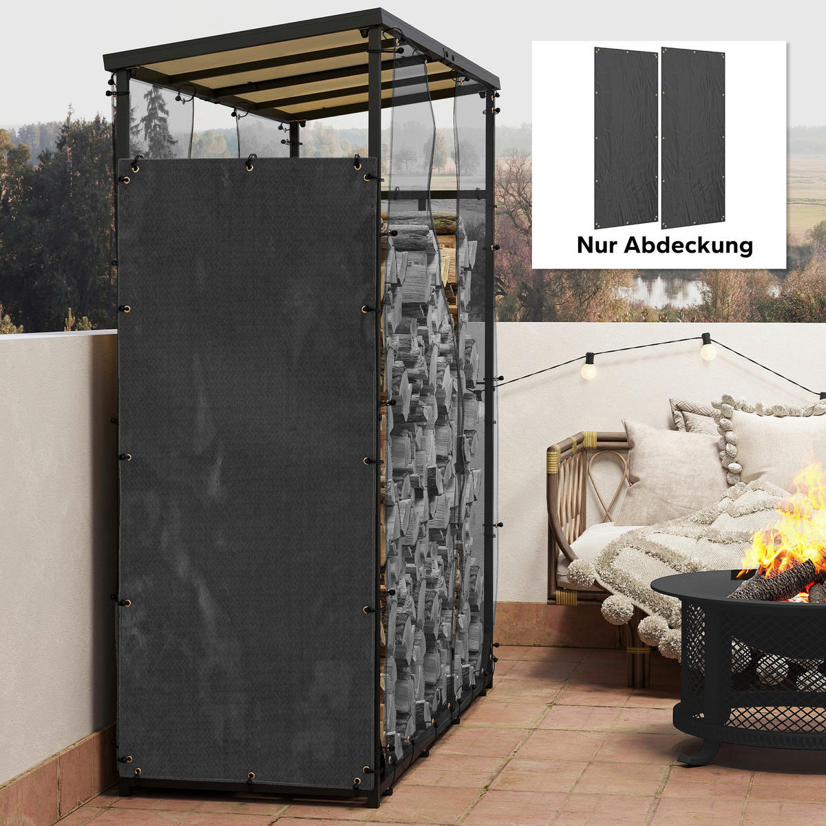 Outsunny Kaminholzregal Abdeckung schwarz Polyester B/H/L: ca. 62x0,1x148 cm Kaminholzregal Abdeckung - schwarz (148,00/62,00/0,10cm) - Outsunny