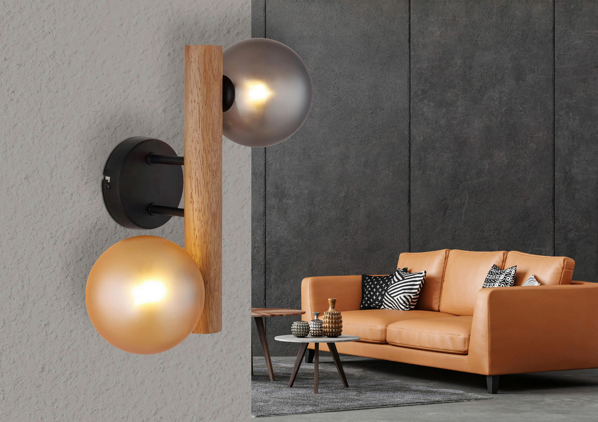 GLOBO LED-Wandleuchte Rauch dunkelbraun amber Metall Holz Glas H/L: ca. 16,5x32 cm 2 Brennstellen RIHA - dunkelbraun/amber (32,00cm) - GLOBO
