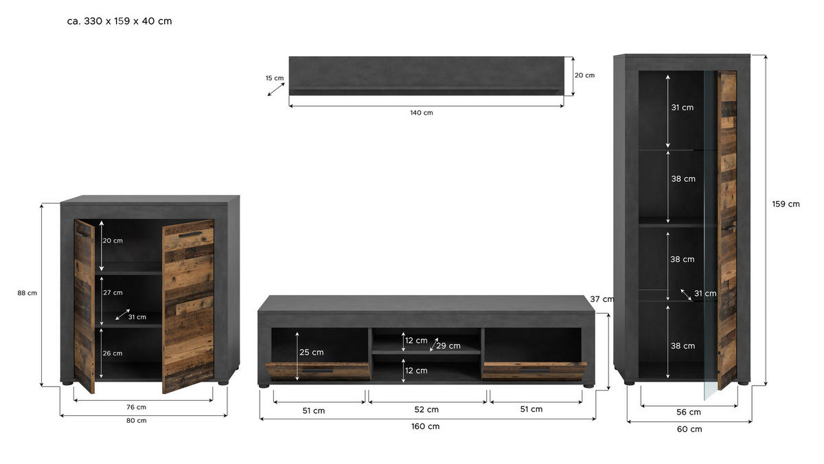 Wohnwand Jam Matera Nachbildung Old Wood Nachbildung B/H/T: ca. 159x330x35 cm Jam - (159,00/330,00/35,00cm) - xonox.home