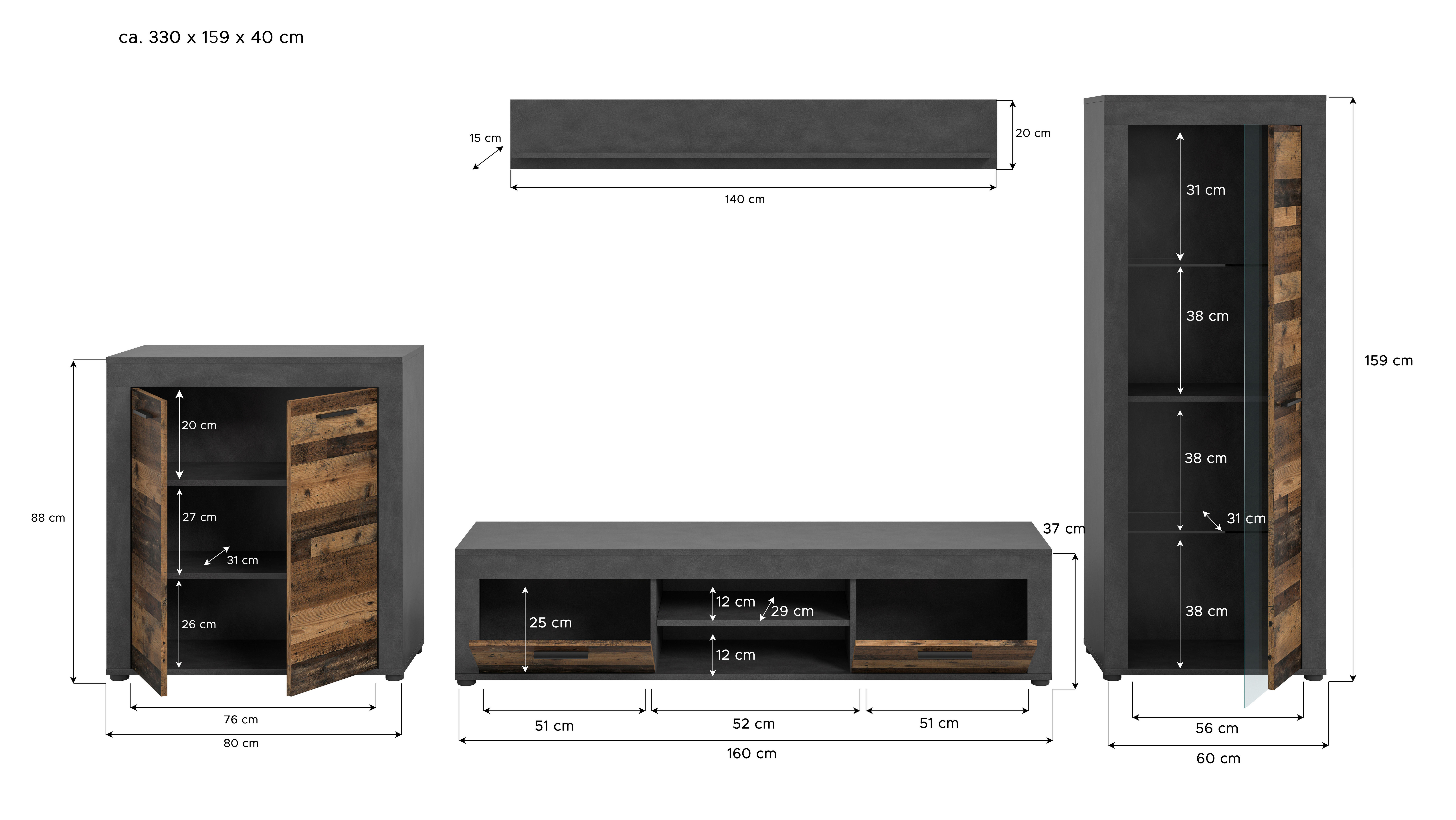 Thumbnail - Wohnwand Jam Matera Nachbildung Old Wood Nachbildung B/H/T: ca. 159x330x35 cm